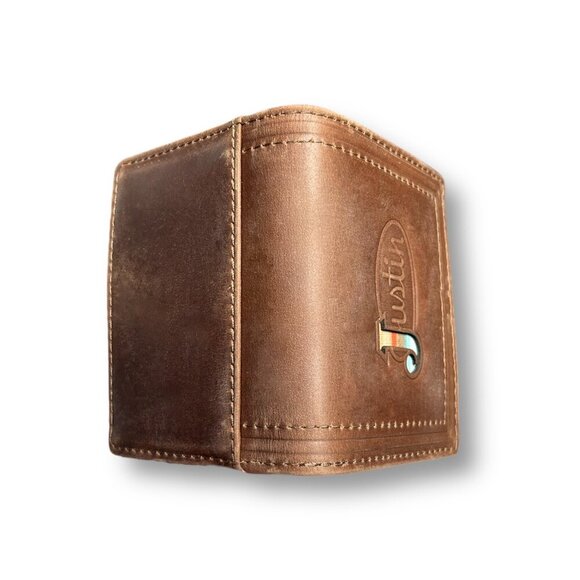 Justin Card Wallet Brown Genuine Leather RFID Slim Gusseted Logo Embossed West - Picture 4 of 6